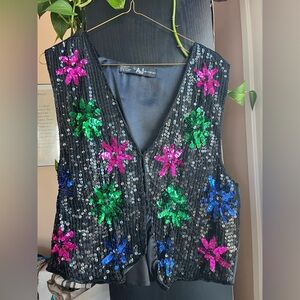 Vintage AJ Muti Colored Beaded and Sequin Black Vest
